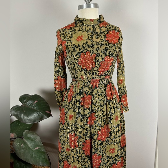 Vintage 60’s Gold Mock Neck Floral Maxi India Cotton Party Dress with Pockets - Picture 8 of 15